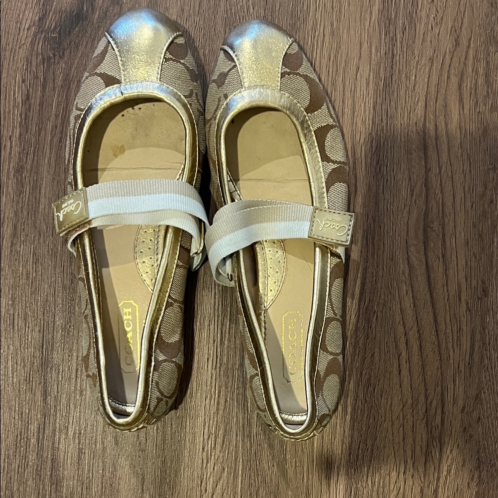 Coach Girls' Signature Mary Janes in Gold and Brown